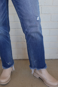 High Rise Frayed Hem Straight Jeans